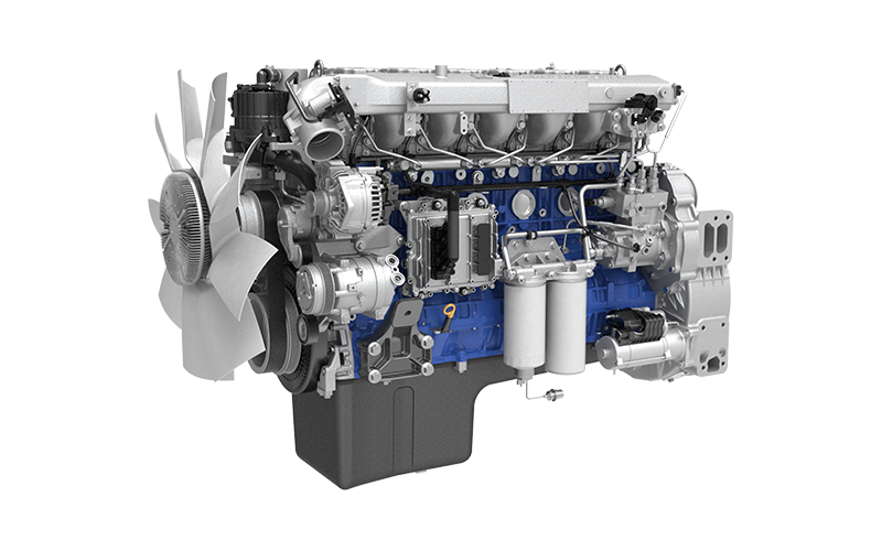 Weichai WP12 truck engine showing the fan, filters and engine block